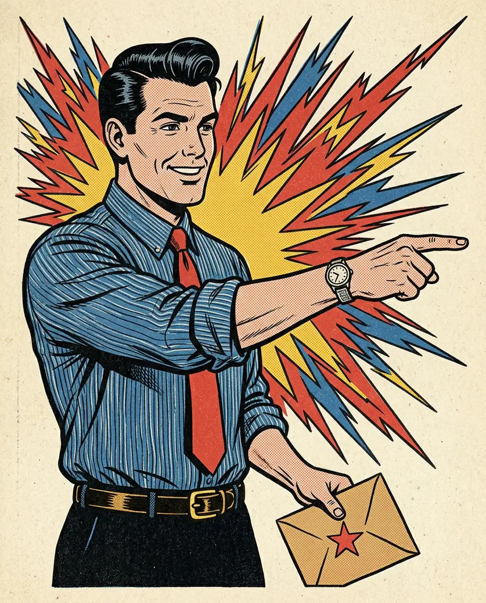 Comic-style marketer pointing at the newsletter signup form